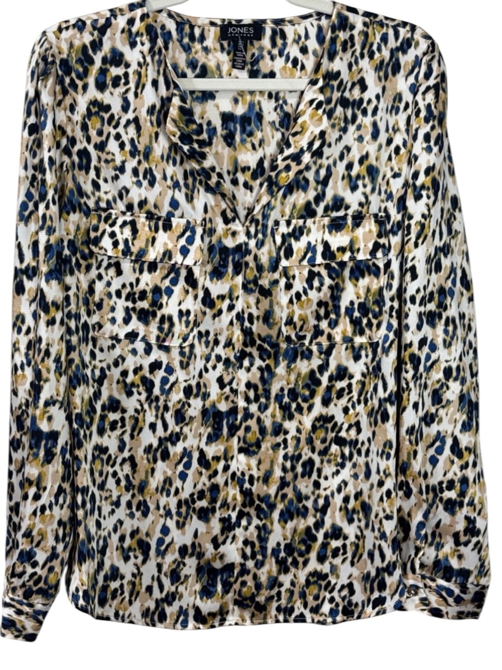 Jones New York White & Blue Multi Animal Print Pocket Blouse - Size Large